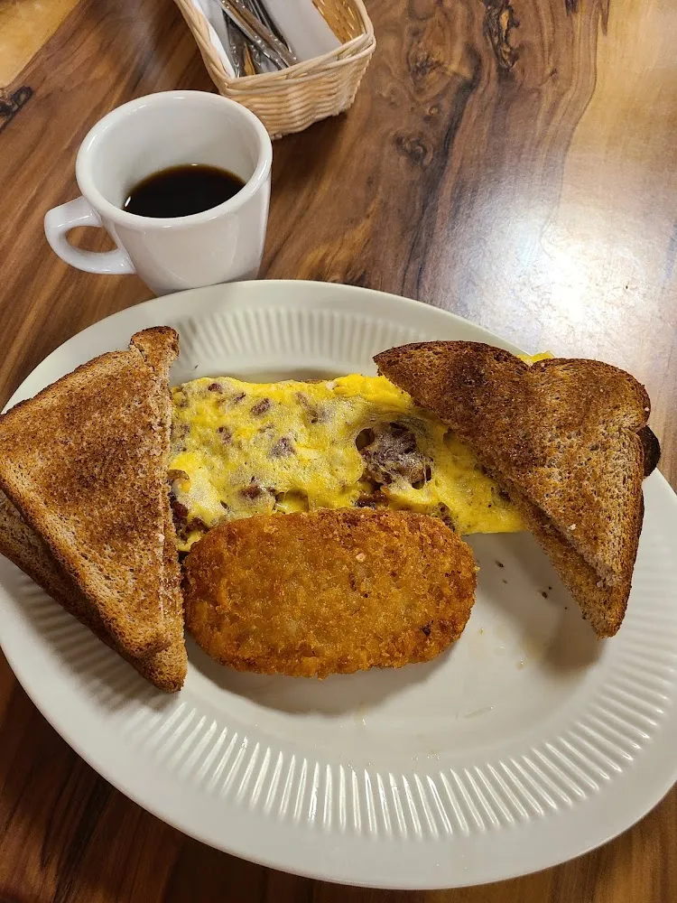 Bacon Omelet Shredded Potatoes and Toast