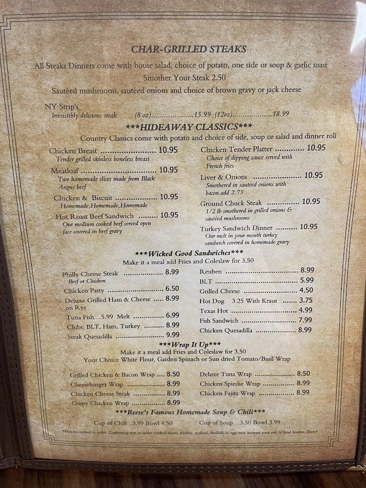 Reese's Hideaway Menu image 1